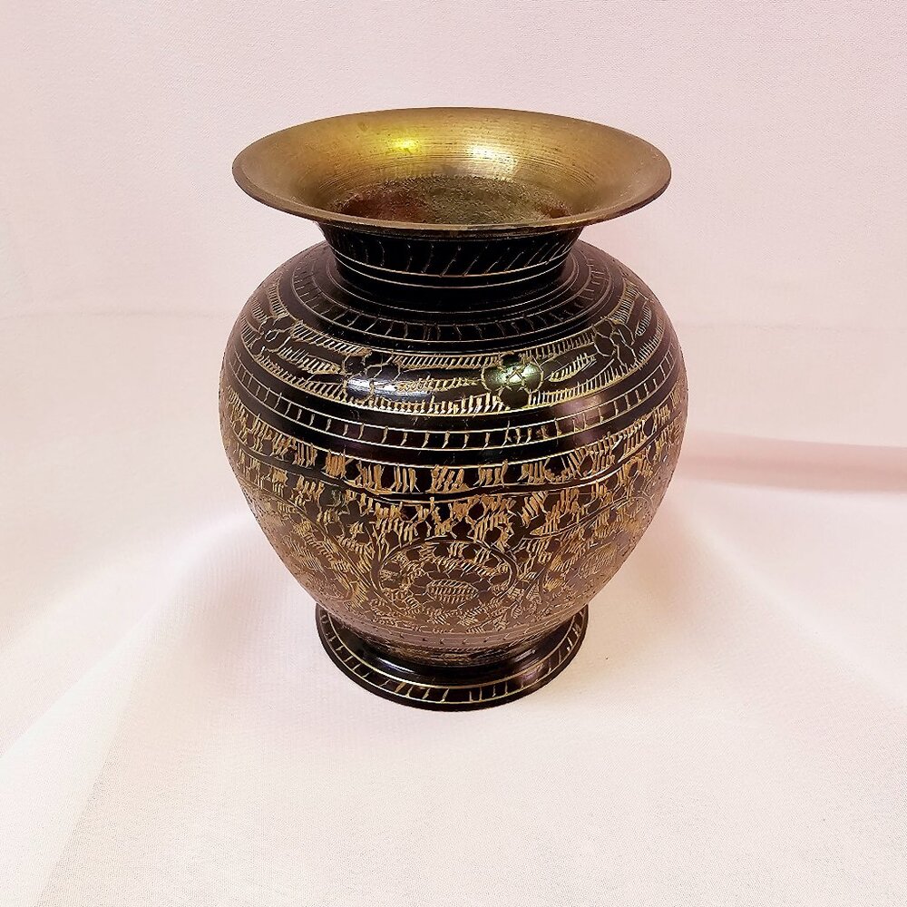 Vintage Etched Brass Vase with Black & Gold Floral Design, Nakkashi Engraving